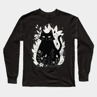 Black Cat and Wildflowers Long Sleeve T-Shirt